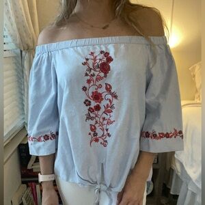 Embroidered Costal Off the Shoulder Blue Top
